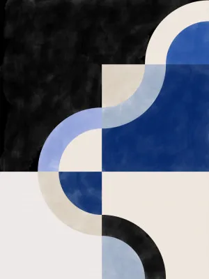 Abstracte verticale illustratie met blauwe, zwarte en beige geometrische vormen en golvende lijnen