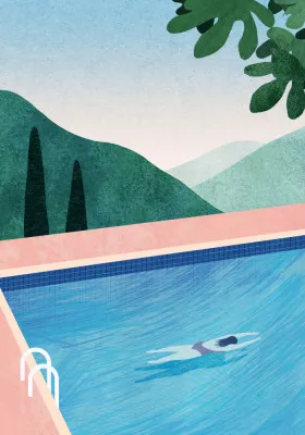 Verticale illustratie van mensen die zwemmen en ontspannen bij een zwembad in Toscane met bergen op de achtergrond