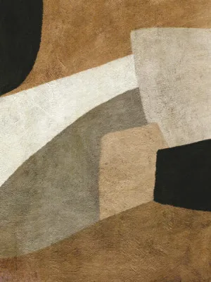 Abstract verticaal kunstwerk met beige en bruine tinten, geometrische vormen en penseelstreken