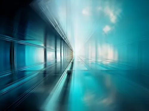 Horizontale abstracte fotografie van gebouwen in blauwe en turquoise tinten met wazig perspectief en dubbele belichting