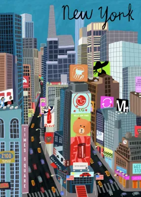 Verticale illustratie van Times Square New York met wolkenkrabbers, billboards en stadslichten in blauw en groen