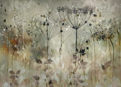 Horizontale botanische wandfotografie met abstracte herfstzaden en peulen in zachte beige tinten