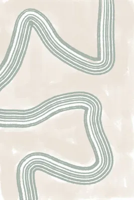 Verticale abstracte illustratie met zachte groene en beige lijnen die een rustig buitenbeeld vormen