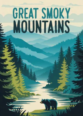 Verticale vintage illustratie van de Great Smoky Mountains in zachte blauwtinten en aardetinten
