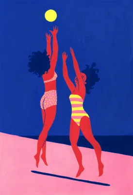 Verticale illustratie van meisjes die spelen met een bal op het strand bij schemerlicht in zachte roze, blauwe en gele tinten