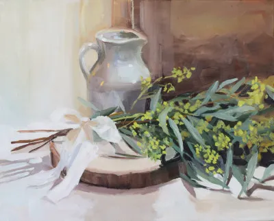 Horizontale illustratie carriage house met stilleven van vazen, planten en aardewerk in natuurlijke kleuren