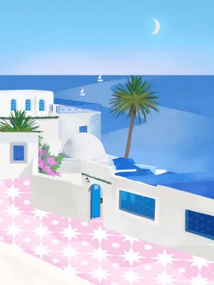 Verticale illustratie van Tunis met blauwe en witte gebouwen, palmbomen en zomerse sfeer