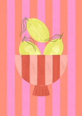 Verticale illustratie van een kom met sinaasappels in een buitenomgeving in oranje tinten