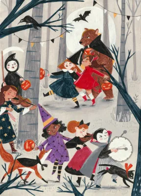 Illustratie van een verticale halloweenparade in een mistig bos met dieren, kinderen en muzikanten in herfstkleuren