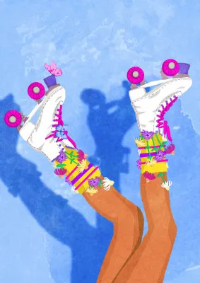Verticale digitale illustratie van een meisje op rollerskates tussen blauwe bloemen in een buitenomgeving