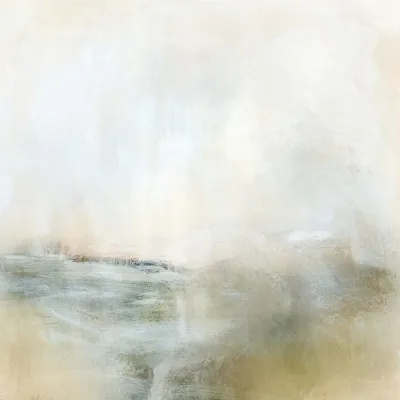 Vierkant abstract landschap met zachte gouden en witte penseelstreken en textuur