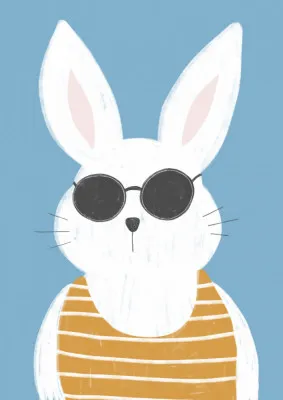 Verticale illustratie van een zomers konijn met zonnebril in blauwe tinten op een buitenlocatie