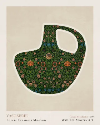 Verticaal kunstwerk met botanische bloemen, geometrische patronen en letters in landelijke sfeer