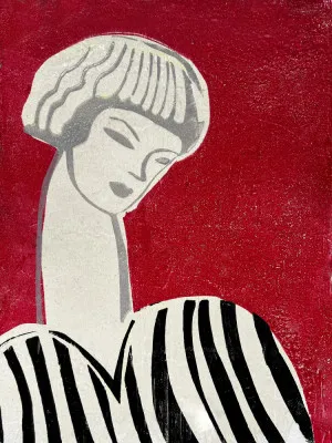 Verticaal vintage portret van een vrouw in een buitenomgeving met art deco strepen en winterse kleuren