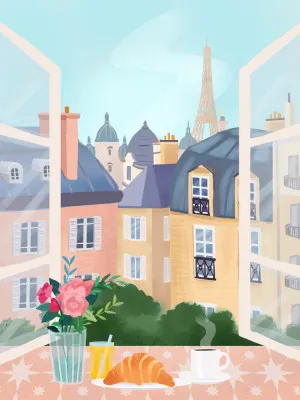 Verticale illustratie van Parijse gebouwen onder ochtendlicht met bloemen en de Eiffeltoren op de achtergrond