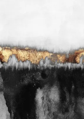 Verticaal canvas met gouden kleur splash en abstract outdoor landschap in warme tinten