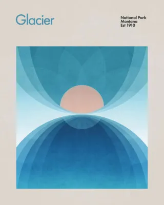 Verticale abstracte illustratie van een blauw gletsjerlandschap met geometrische vormen en minimalistische stijl