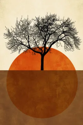 Verticale illustratie van een eenzame boom silhouet bij oranje zonsondergang in kubistische stijl