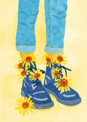 Verticale illustratie van vrouw met blauwe laarzen wandelend tussen gele zonnebloemen in de zomer
