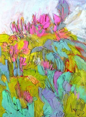 Verticale illustratie van een dromerige tuin met abstracte bloemen in roze en groene pasteltinten