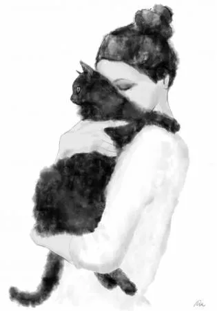 Verticale illustratie van vrouw die haar kat liefdevol omarmt in zwart-wit aquarel en houtskool
