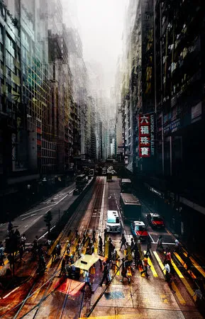 Verticale stadsfotografie van drukke straten met taxis en wolkenkrabbers in Hong Kong