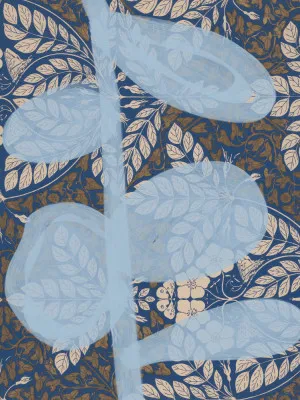 Verticale digitale illustratie van een blauw Scandinavisch plattelandslandschap met bloemmotieven en abstracte details