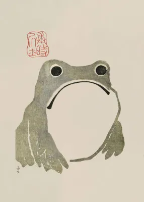 Verticale Japanse vintage houtblokprint van een grumpy frog in een buiten scène met diverse kleuren