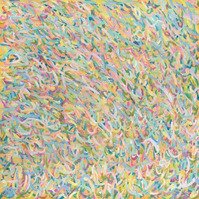 Vierkante abstracte illustratie sunshine molecules met kleurrijke penseelstreken en repetitief patroon