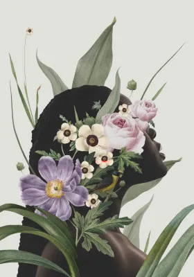 Illustratie van een vrouw met paarse bloemen en een zwarte vogel in een groene botanische collage
