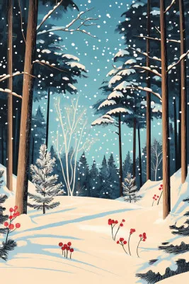 Verticale illustratie van een besneeuwd bos met kerstbomen en een skiër in een winterse buitenomgeving