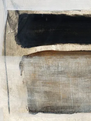 Verticale abstracte illustratie met organische vormen en textuur in neutrale kleuren, getiteld Desire