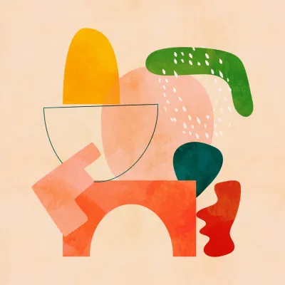 Vierkante abstracte illustratie met kleurrijke penseelstreken en grafische lijnen in een buiten scène