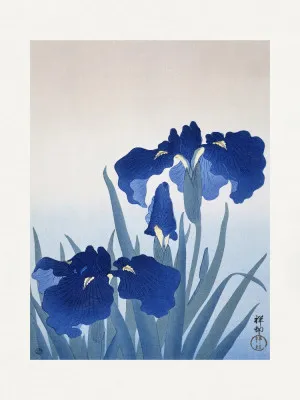 Verticale illustratie van iris bloemen in blauw, vintage Japanse botanische stijl met buiten scène