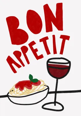 Verticale moderne illustratie met rode wijn, spaghetti en fruit in rood wit zwart voor keukenwanddecoratie
