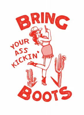 Verticale illustratie van een cowgirl met tekst in western stijl en lijnkunst