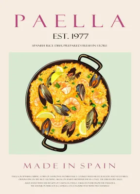 Verticale illustratie van paella en Spaanse buitenruimte met zeevruchten en kruiden