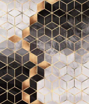 Verticale abstracte illustratie van gouden geometrische kubussen met rookachtige textuur