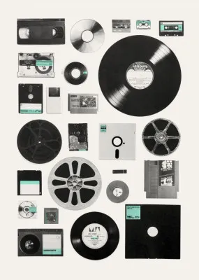 Verticale illustratie met retro technologie, geometrische vormen en vintage muziek elementen in een buitenomgeving