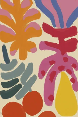 Verticale abstracte kunstdruk met levendige pastelkleuren en geometrische vormen, geïnspireerd door een zomerse buitenlucht