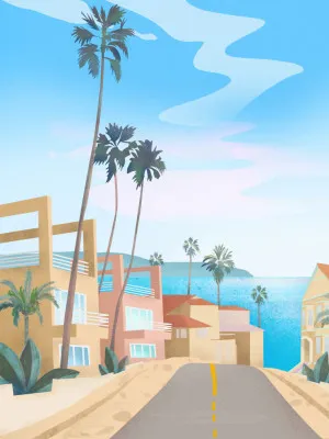 Verticale illustratie van californische kust met blauwe lucht, palmbomen en kleurrijke stadsgebouwen