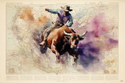 Horizontale vintage illustratie van een bull rider tijdens een rodeo buiten in zachte waterverfkleuren