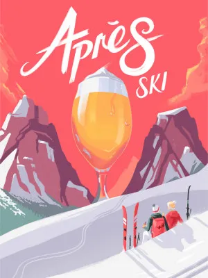 Verticale illustratie Apés Ski met rode accenten en wintersport thema in bergen
