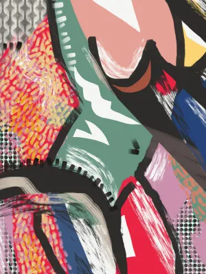 Verticale kleurrijke abstracte illustratie van een buitenwereld met dynamische penseelstreken en levendige patronen