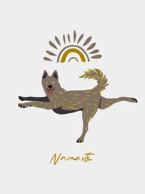 Illustratie van honden in yoga poses in een buitenomgeving met het woord Namaste in sierlijke letters