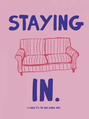 Verticale kleurrijke illustratie van een funky retro bank in een zonnige buitenruimte met pastelkleuren