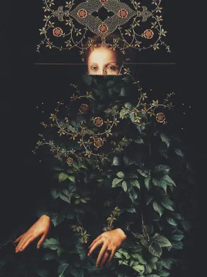 Verticale digitale collage met vrouwelijk portret en groene bladeren, gouden accenten op donkere achtergrond