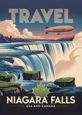 Verticale vintage illustratie van Niagara Falls met retro kleuren en outdoor reissfeer tussen USA en Canada