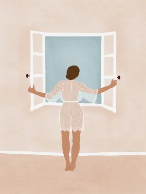 Verticale illustratie van mensen in een buitenlucht scène met zachte kleuren en frisse sfeer