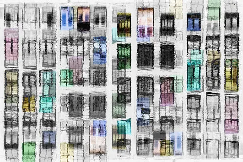 Horizontale surrealistische foto van Amsterdamse gevels met deuren, ramen en reflecties in zacht kleurenspel